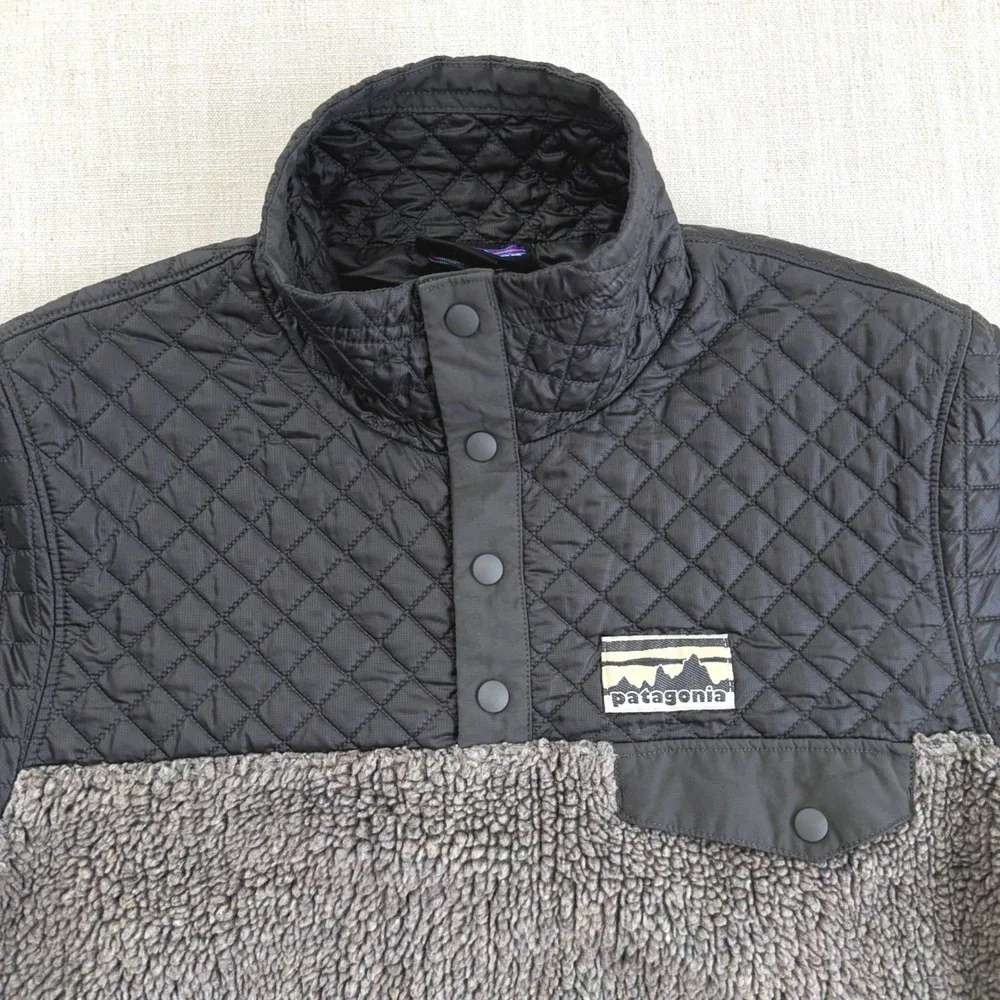 Patagonia Mixed Media Quilted Sherpa Snap-T Pullover Jacket‎ Gray Black Womens S